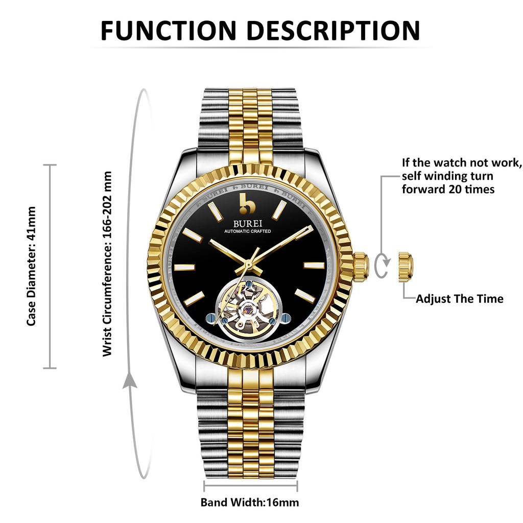 BUREI Men's Classic Luxury Watch Stainless Steel Waterproof Machine Watch Fashion Double Watches Date Sapphire Crystal