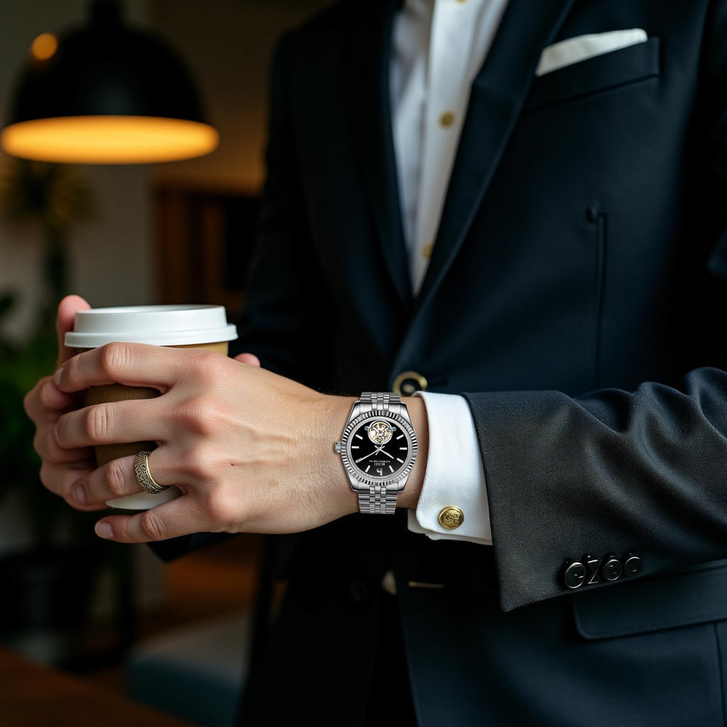 BUREI Men's Classic Luxury Watch Stainless Steel Waterproof Machine Watch Fashion Double Watches Date Sapphire Crystal