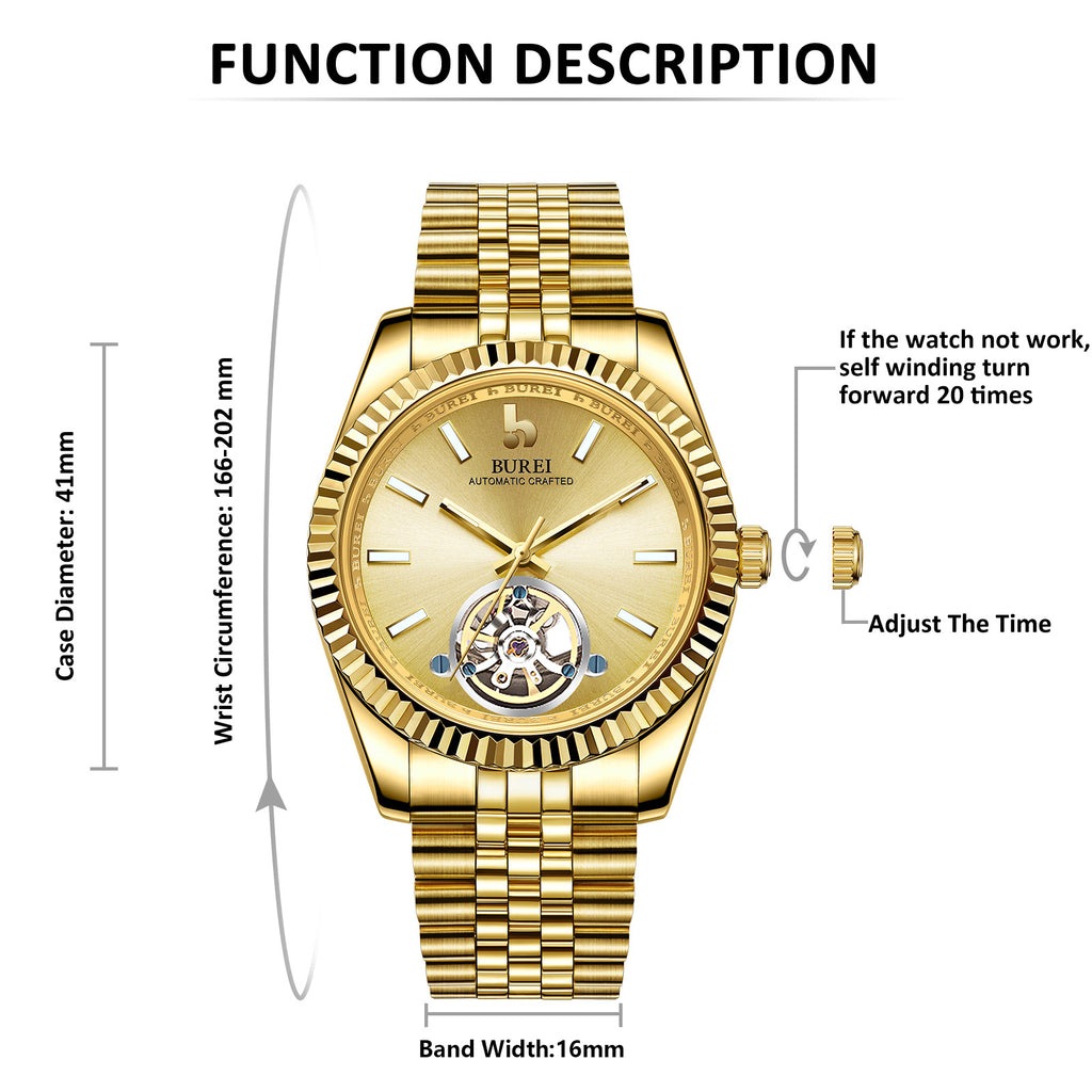 BUREI Men's Classic Luxury Watch Stainless Steel Waterproof Machine Watch Fashion Double Watches Date Sapphire Crystal