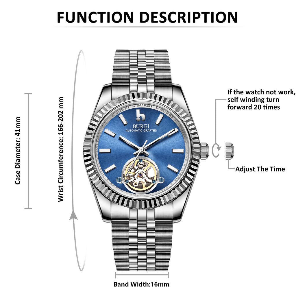BUREI Men's Classic Luxury Watch Stainless Steel Waterproof Machine Watch Fashion Double Watches Date Sapphire Crystal