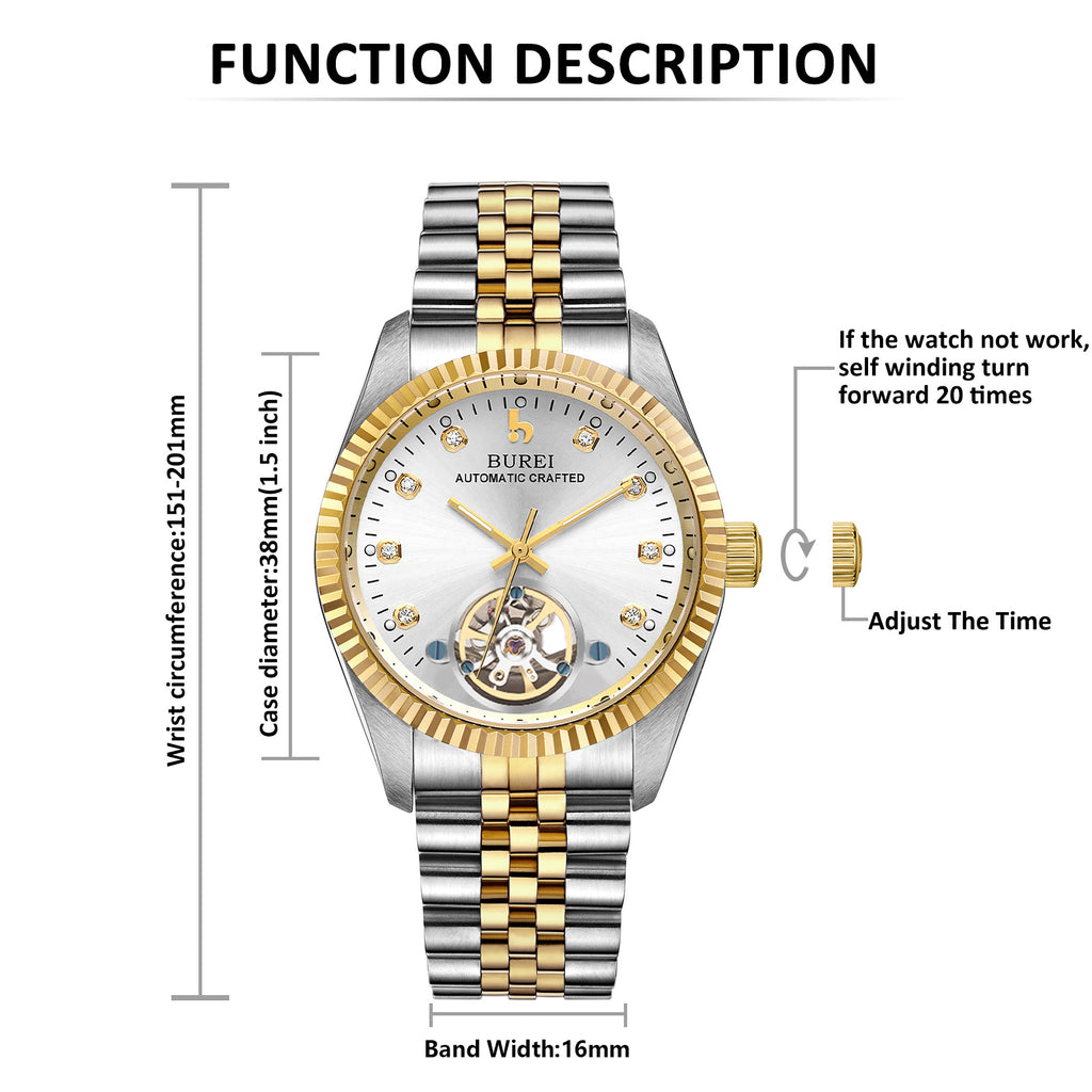 BUREI Men's Luxury Automatic Watch Fashion Waterproof Mechanical Watch, Adjustable Stainless Steel Two Tone Strap,Gift for Men