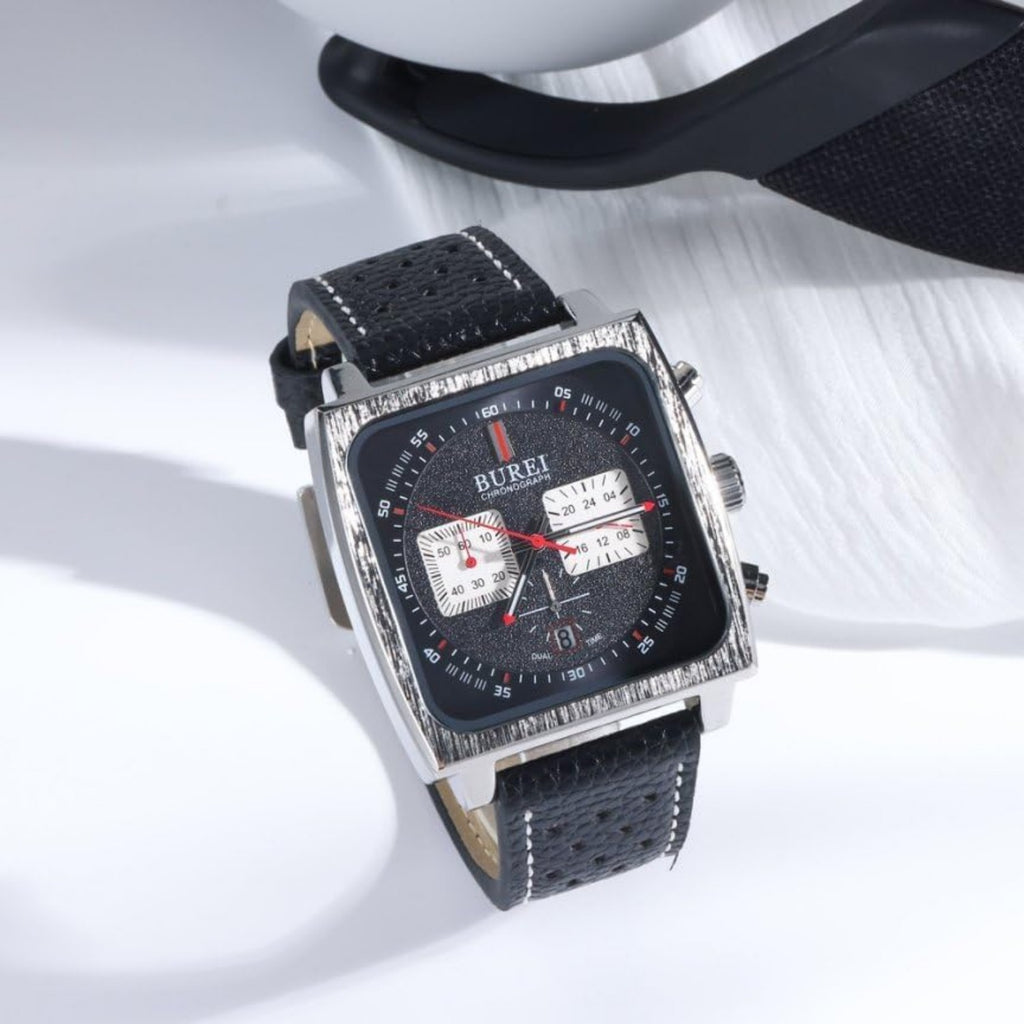 BUREI Men Fashion Wrist Chronograph Watches Analog Waterproof Leather Watches for Men
