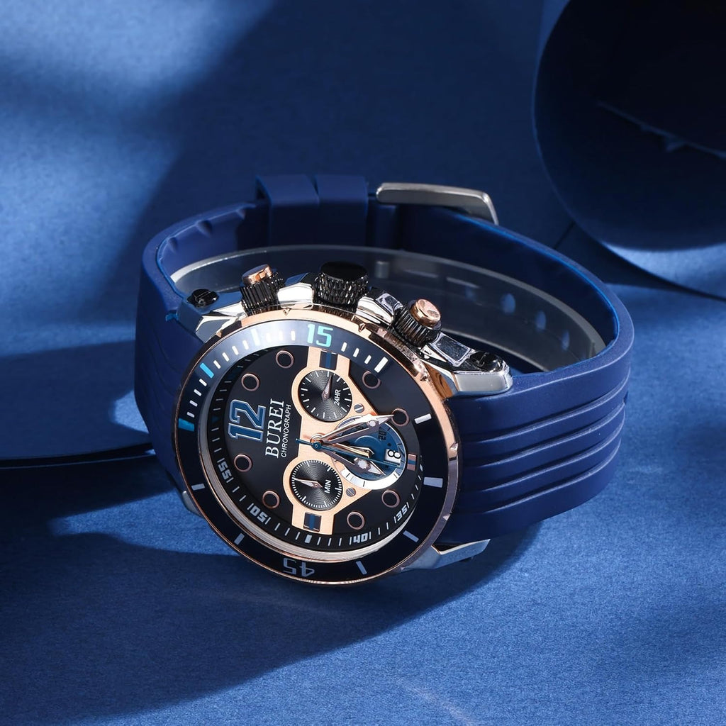 BUREI Mens Multifunction Watches Analog Waterproof Chronograph Watch for Men Military Sports Wrist Watch with Fashion Waterproof Silicone Band Stainless Steel Watch Dial