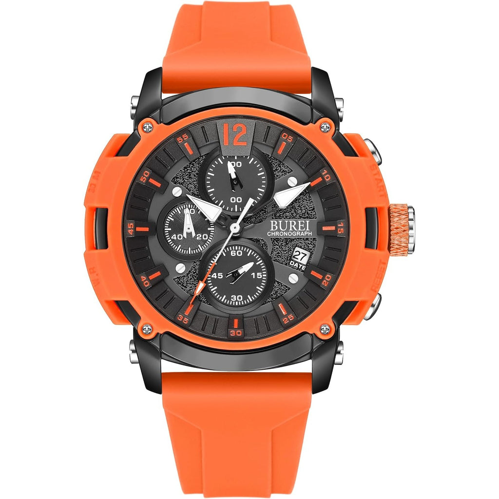 BUREI Sport Mens Watches Analog Quartz Chronograph Watch for Men Waterproof Date Dial Casual Wrist Watches with Silicone Strap Gifts for Men