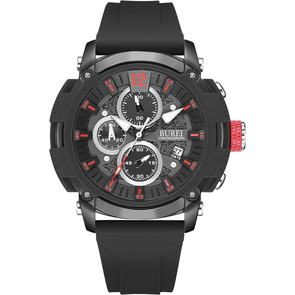 BUREI Sport Mens Watches Analog Quartz Chronograph Watch for Men Waterproof Date Dial Casual Wrist Watches with Silicone Strap Gifts for Men