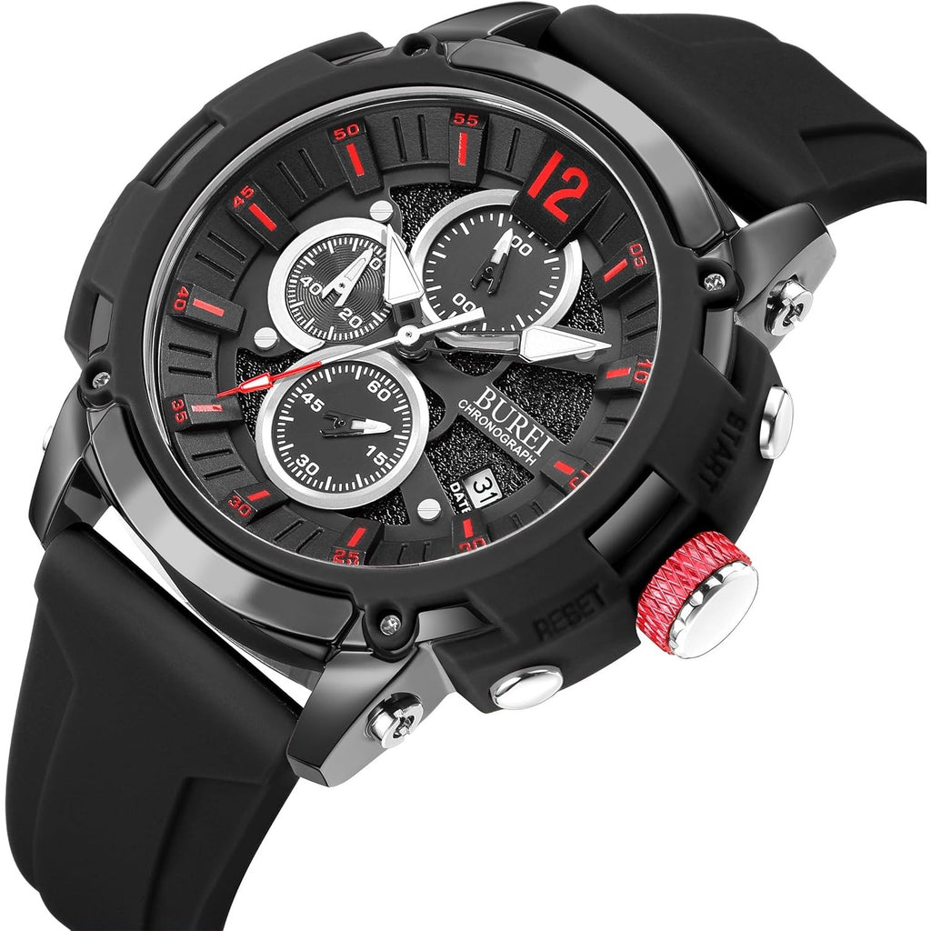 BUREI Sport Mens Watches Analog Quartz Chronograph Watch for Men Waterproof Date Dial Casual Wrist Watches with Silicone Strap Gifts for Men