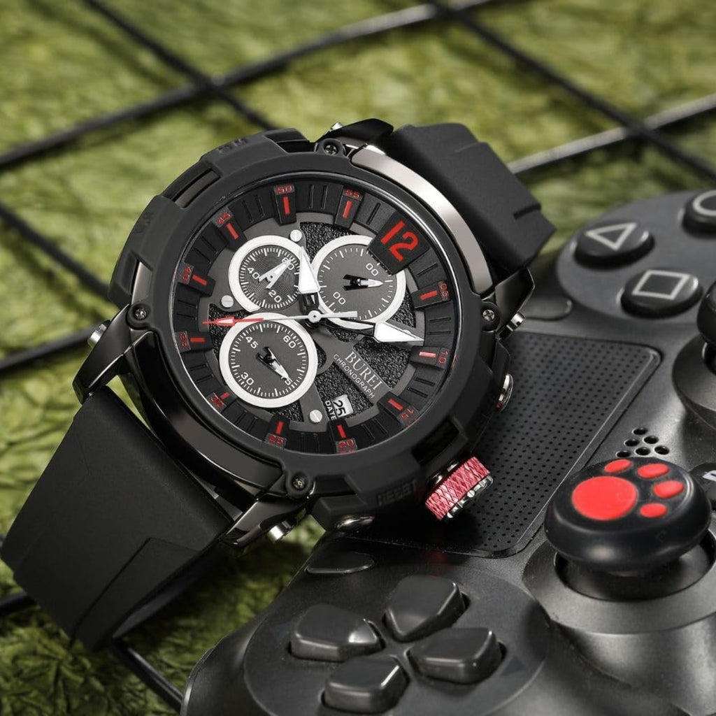 BUREI Sport Mens Watches Analog Quartz Chronograph Watch for Men Waterproof Date Dial Casual Wrist Watches with Silicone Strap Gifts for Men