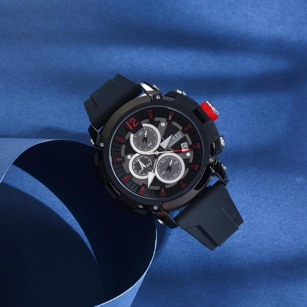 BUREI Sport Mens Watches Analog Quartz Chronograph Watch for Men Waterproof Date Dial Casual Wrist Watches with Silicone Strap Gifts for Men