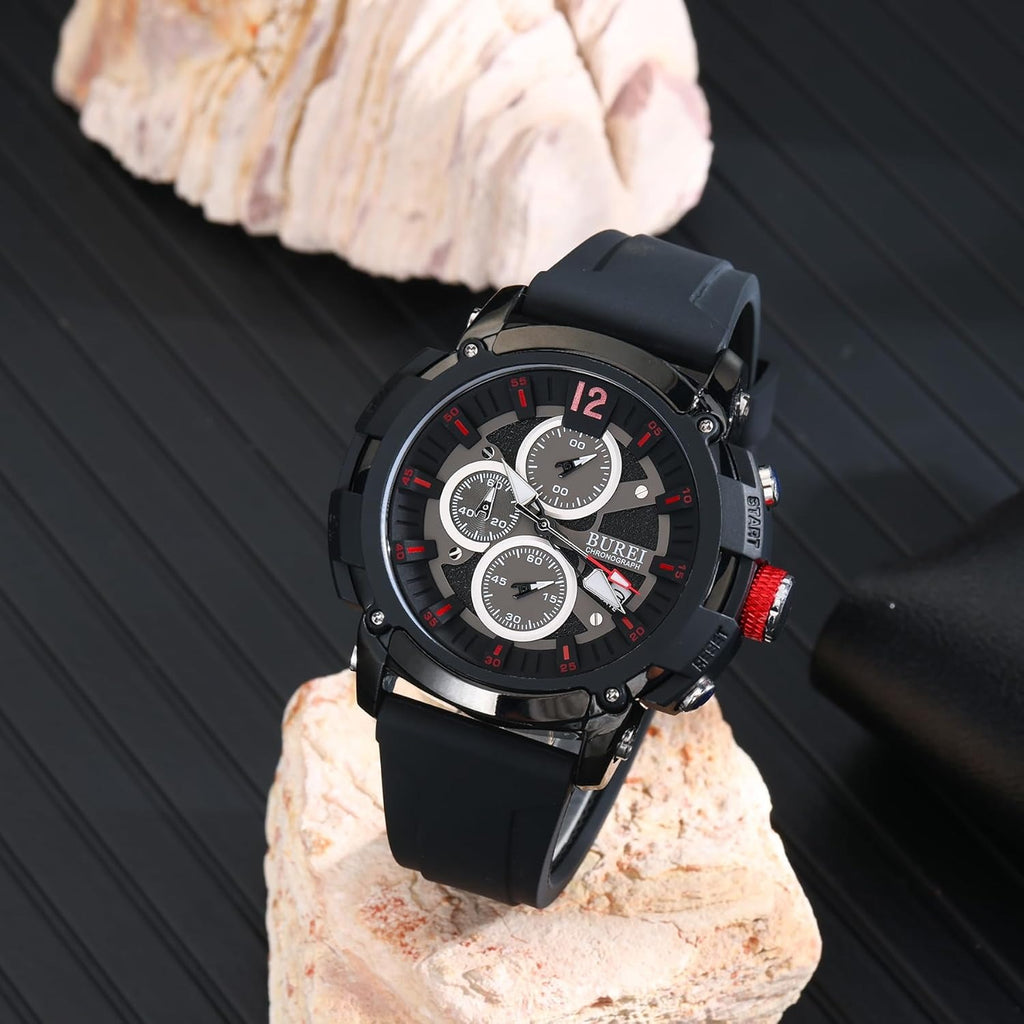 BUREI Sport Mens Watches Analog Quartz Chronograph Watch for Men Waterproof Date Dial Casual Wrist Watches with Silicone Strap Gifts for Men