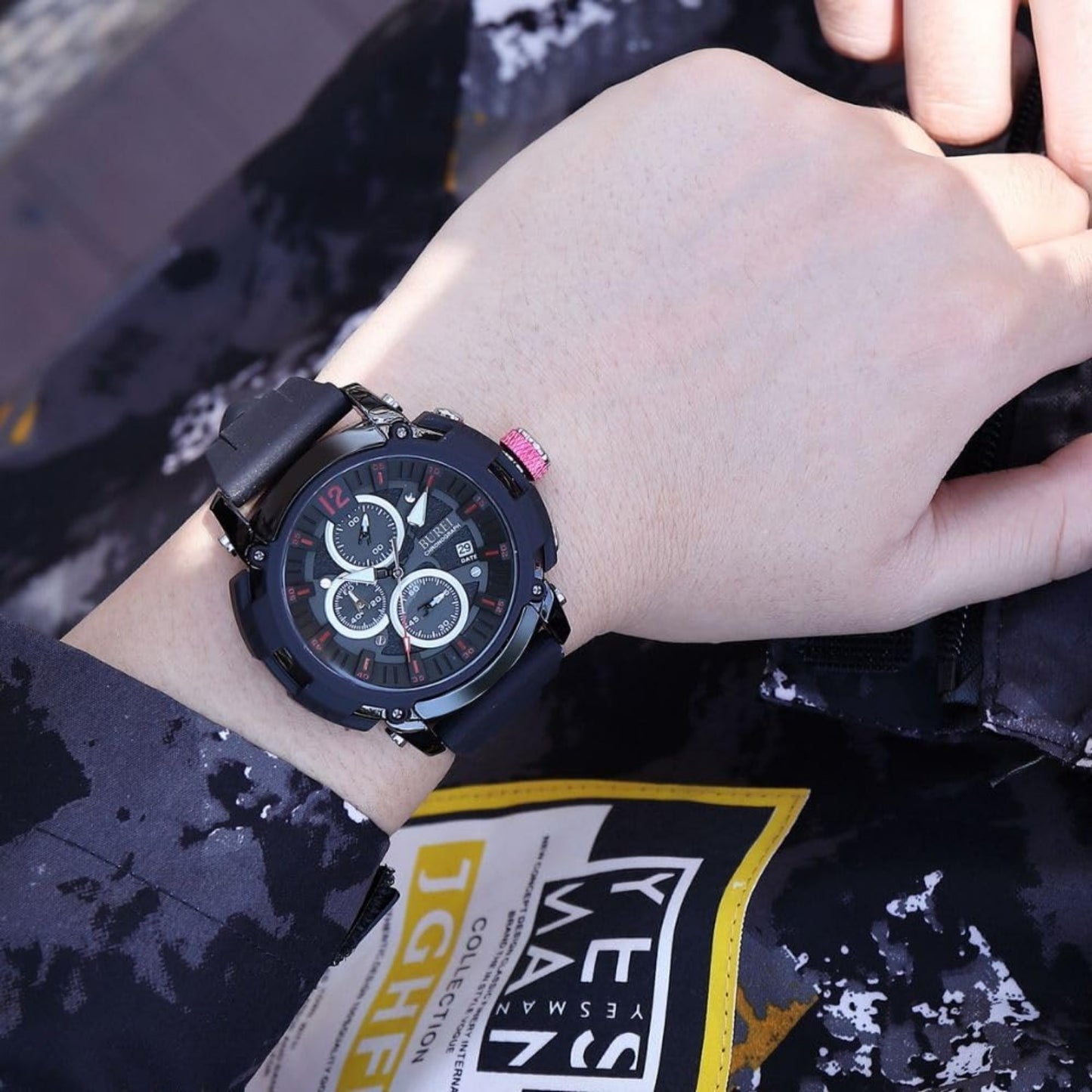 BUREI Sport Mens Watches Analog Quartz Chronograph Watch for Men Waterproof Date Dial Casual Wrist Watches with Silicone Strap Gifts for Men