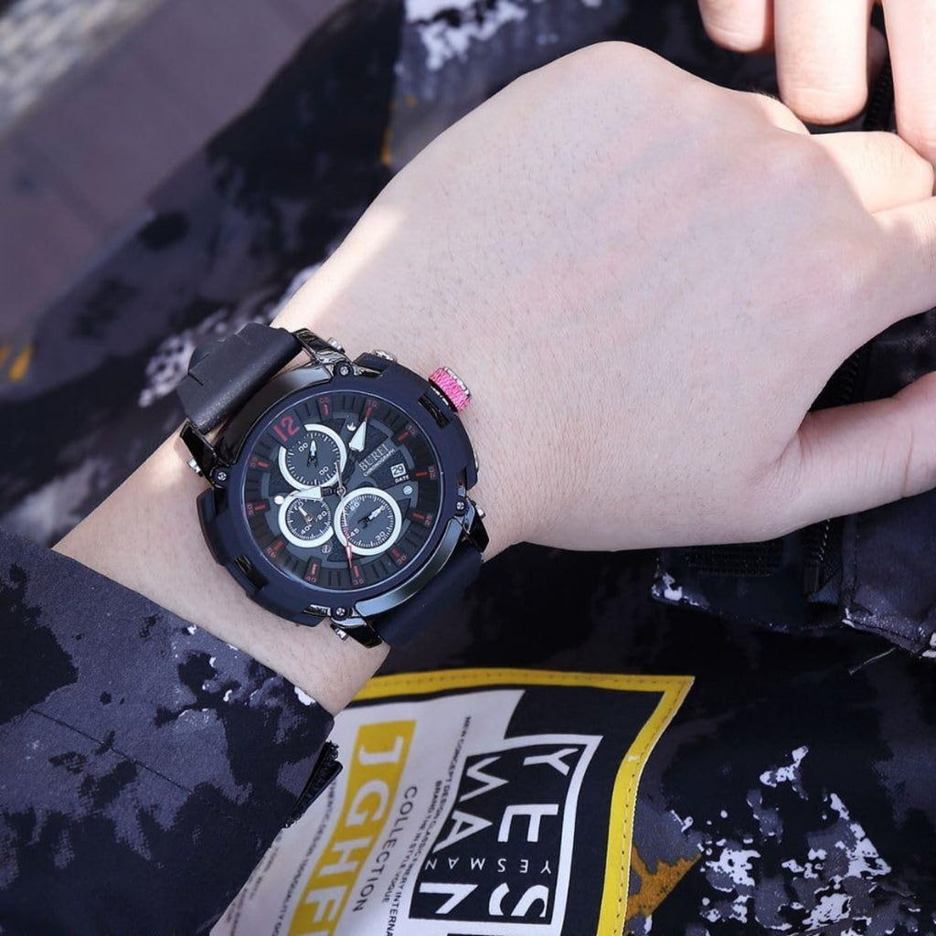BUREI Sport Mens Watches Analog Quartz Chronograph Watch for Men Waterproof Date Dial Casual Wrist Watches with Silicone Strap Gifts for Men