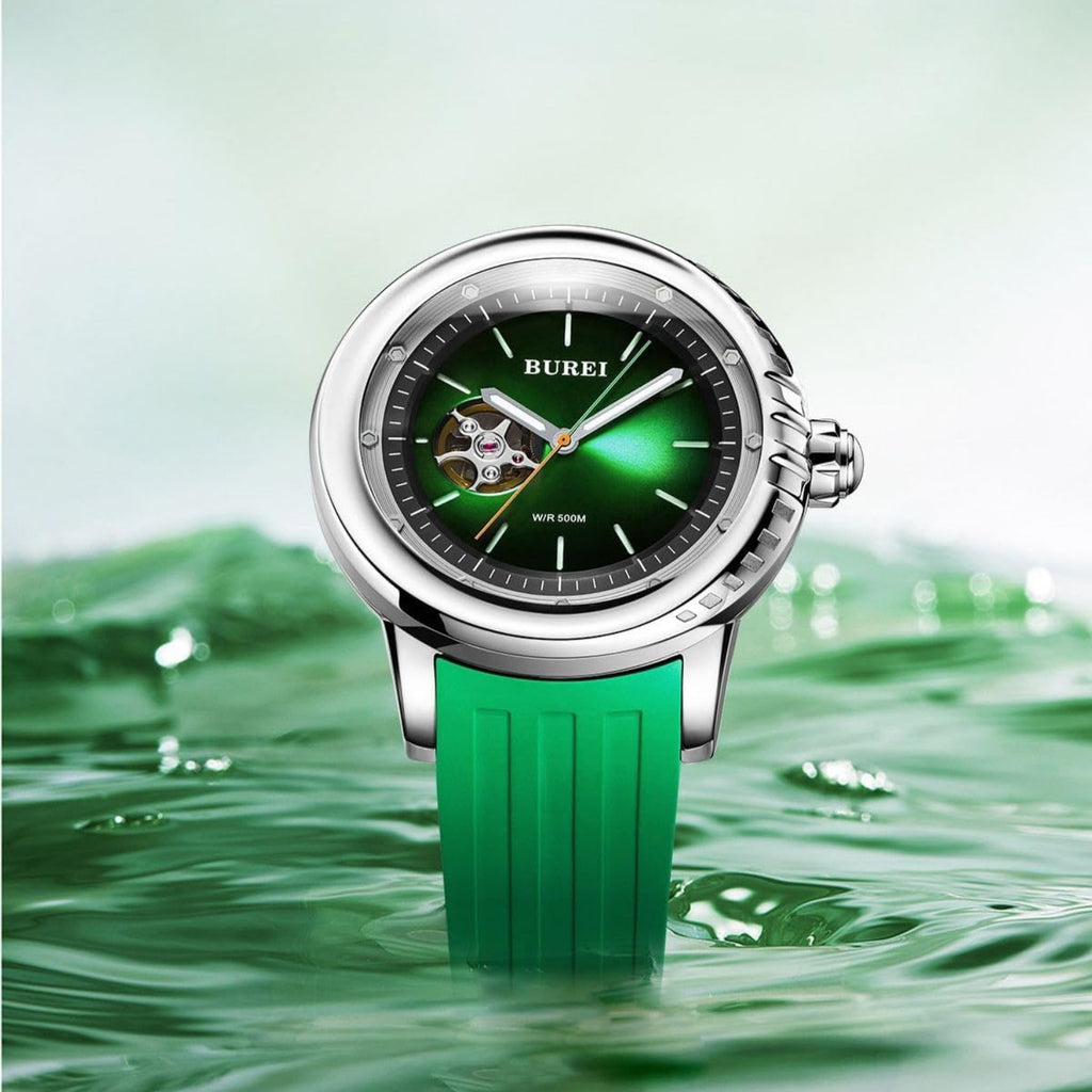 BUREI Automatic Dive Watch Sapphire Glass Wrist Watch Men's 500m Waterproof Watch with Rubber Strap,Luminous Hands and Markers