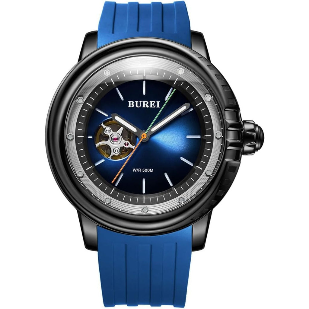 BUREI Automatic Dive Watch Sapphire Glass Wrist Watch Men's 500m Waterproof Watch with Rubber Strap,Luminous Hands and Markers