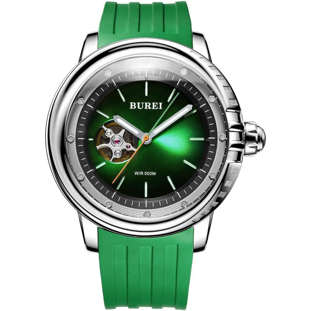 BUREI Automatic Dive Watch Sapphire Glass Wrist Watch Men's 500m Waterproof Watch with Rubber Strap,Luminous Hands and Markers