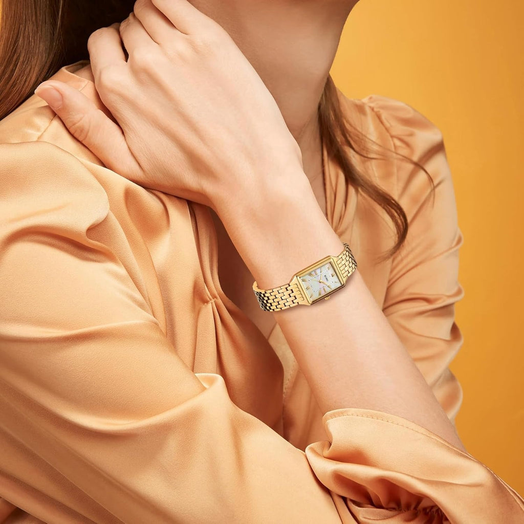 BUREI Women's Fashion Luxury Stainless Steel Watch Simple Quartz Waterproof Ladies Watch Three Hands Relogio Feminino (Gold and Rose Gold)