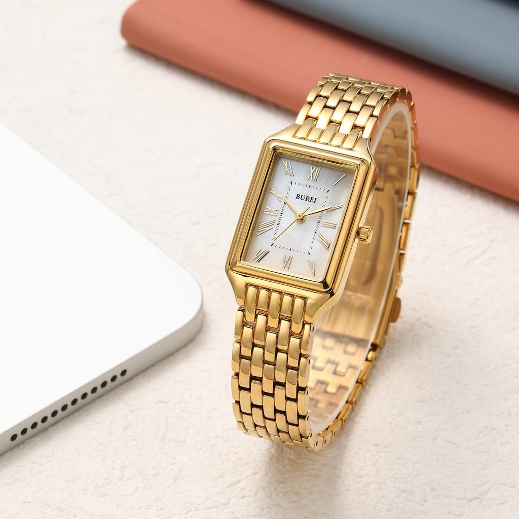 BUREI Women's Fashion Luxury Stainless Steel Watch Simple Quartz Waterproof Ladies Watch Three Hands Relogio Feminino (Gold and Rose Gold)