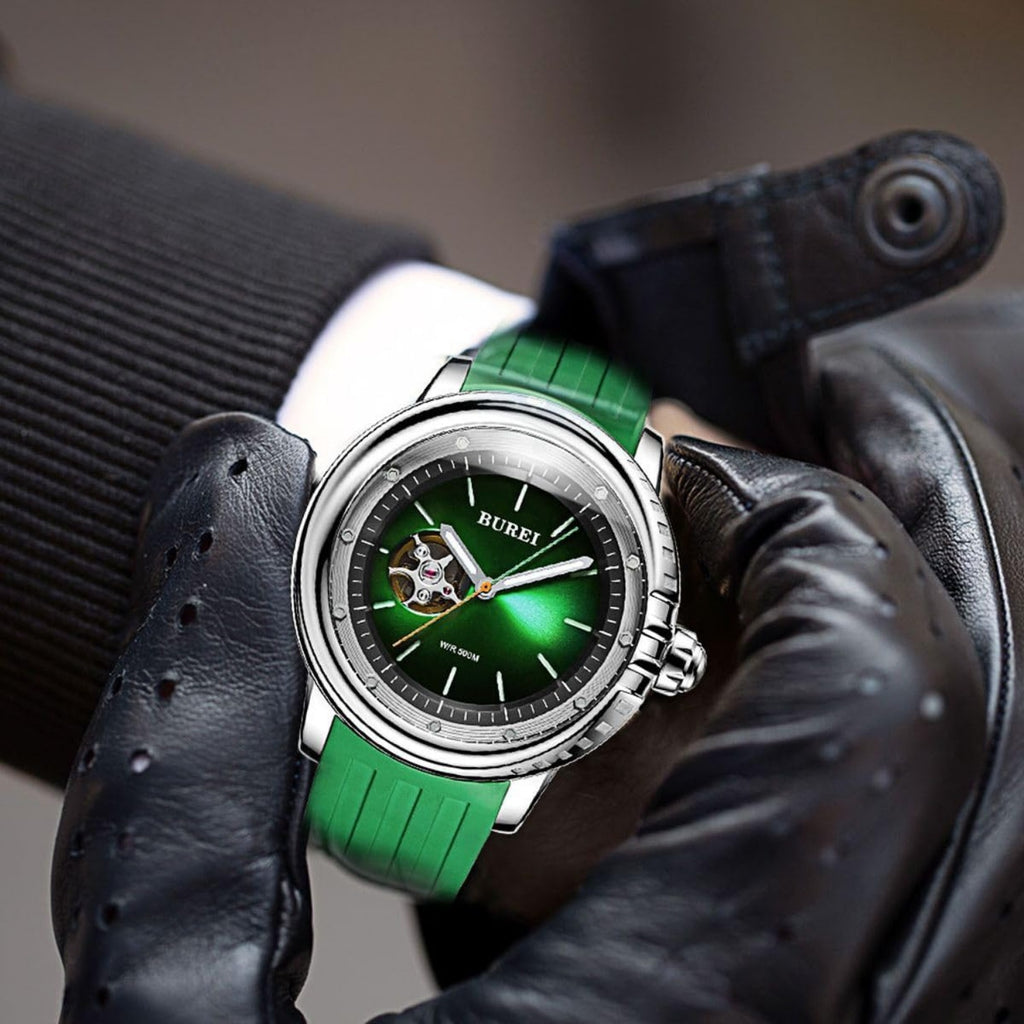 BUREI Automatic Dive Watch Sapphire Glass Wrist Watch Men's 500m Waterproof Watch with Rubber Strap,Luminous Hands and Markers