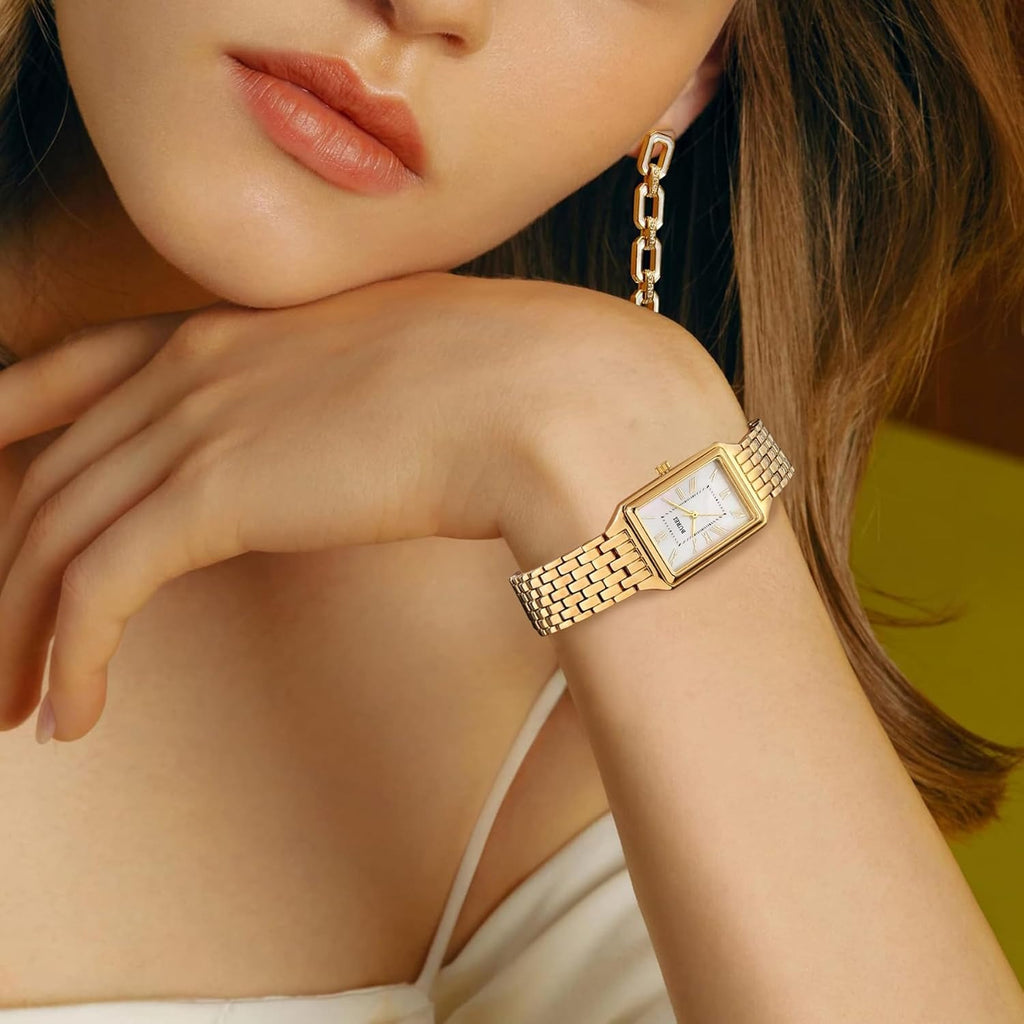 BUREI Women's Fashion Luxury Stainless Steel Watch Simple Quartz Waterproof Ladies Watch Three Hands Relogio Feminino (Gold and Rose Gold)