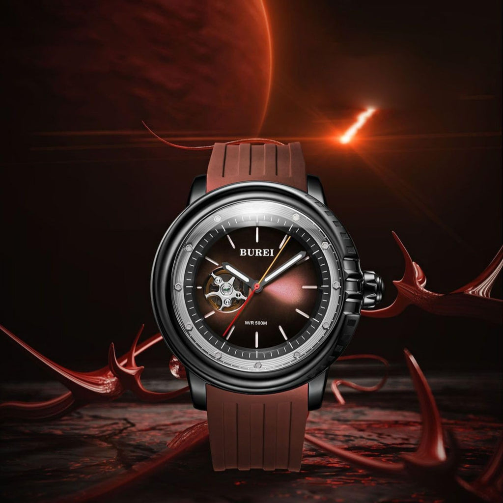BUREI Automatic Dive Watch Sapphire Glass Wrist Watch Men's 500m Waterproof Watch with Rubber Strap,Luminous Hands and Markers