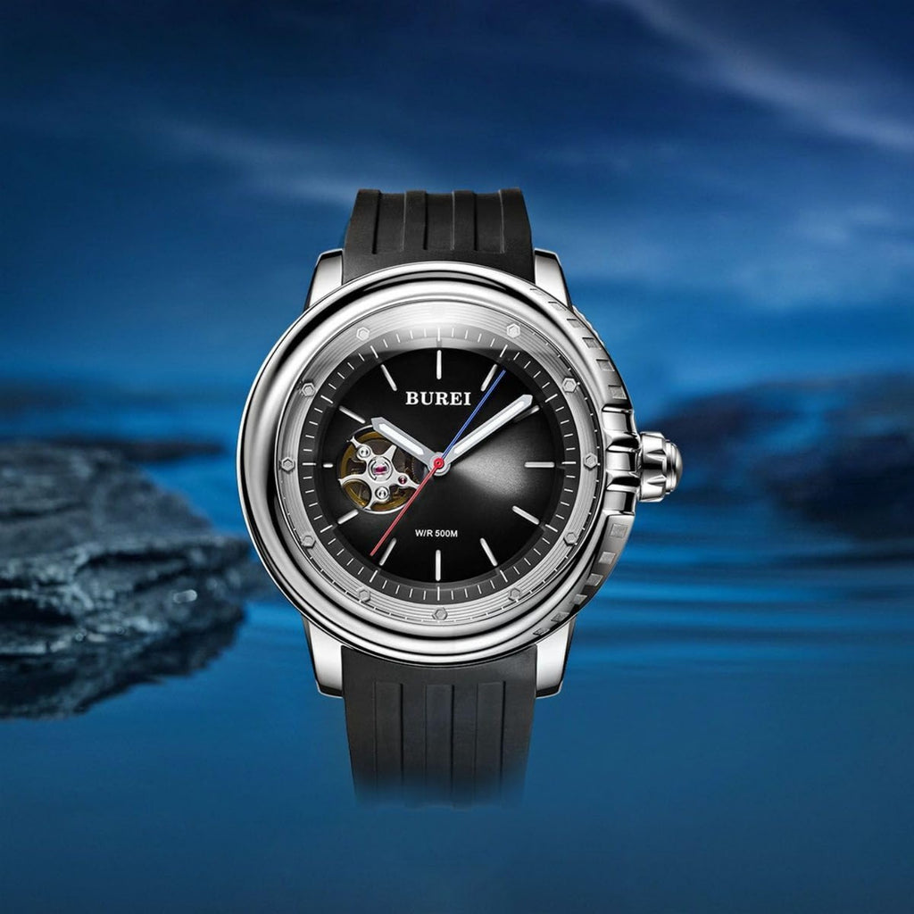 BUREI Automatic Dive Watch Sapphire Glass Wrist Watch Men's 500m Waterproof Watch with Rubber Strap,Luminous Hands and Markers