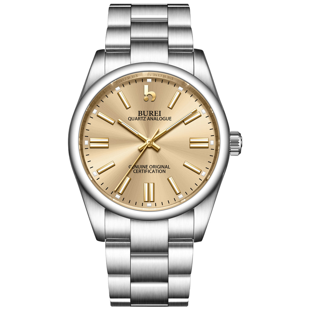 BUREI Men's Stainless Steel Fashion Watch Japan Movement Quartz Wristwatches for Men 41mm Luxury Round Watch