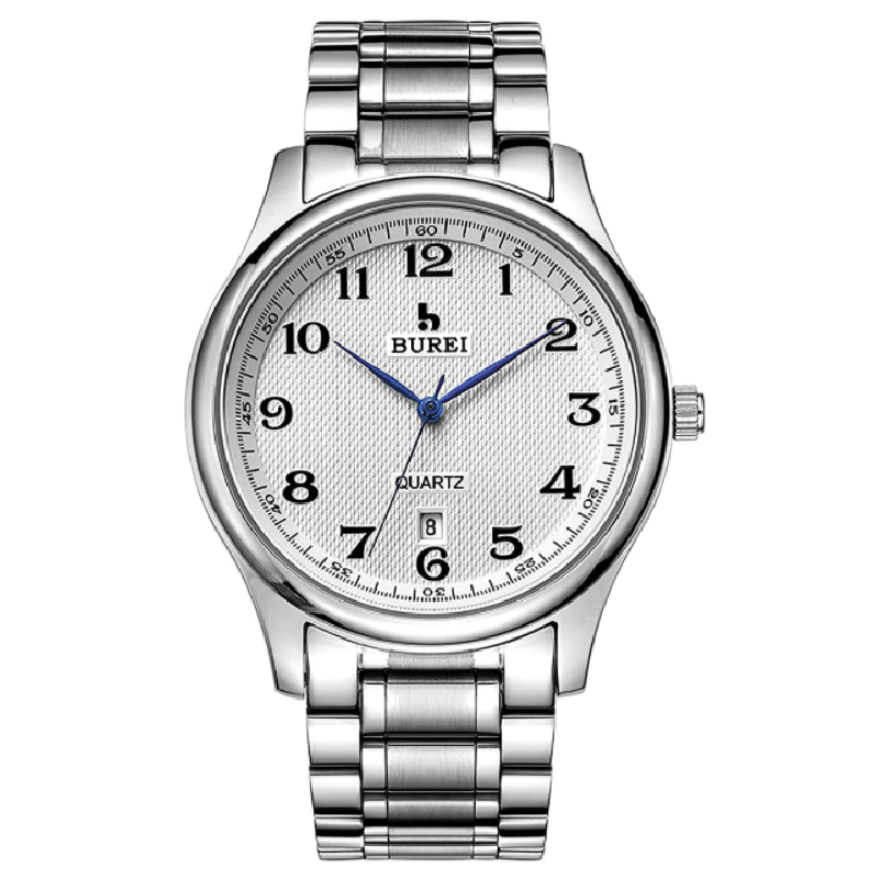 BUREI Men Watches Date Quartz Wrist Watch with Classic Arabic Numbers Analog and Silver Stainless Steel Bracelet