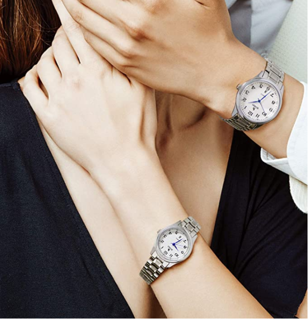 BUREI Men Watches Date Quartz Wrist Watch with Classic Arabic Numbers Analog and Silver Stainless Steel Bracelet