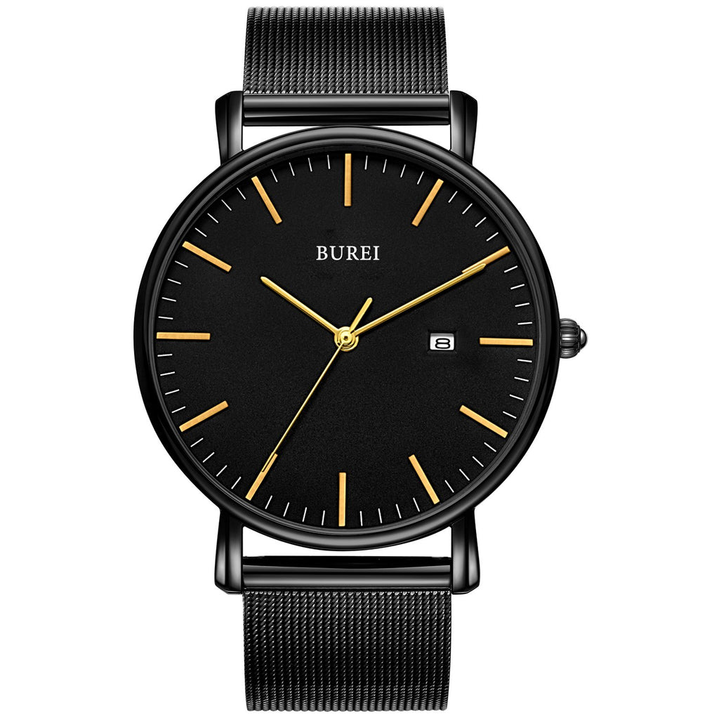 Men's Fashion Minimalist Wrist Watch Analog Blue Date with Silver Stainless Steel Mesh Band