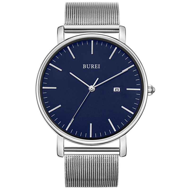 Men's Fashion Minimalist Wrist Watch Analog Blue Date with Silver Stainless Steel Mesh Band