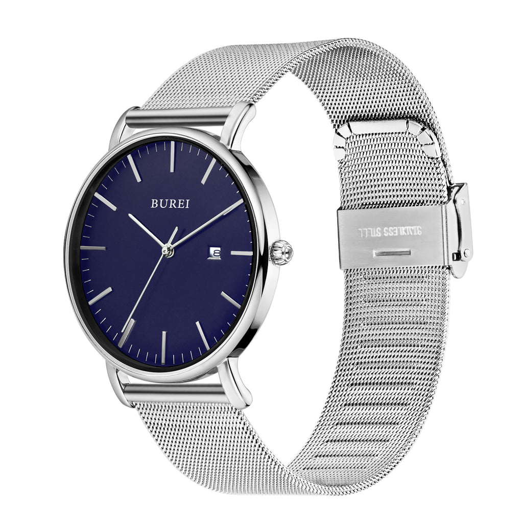 Men's Fashion Minimalist Wrist Watch Analog Blue Date with Silver Stainless Steel Mesh Band