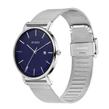 Men's Fashion Minimalist Wrist Watch Analog Blue Date with Silver Stainless Steel Mesh Band