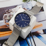 Men's Fashion Minimalist Wrist Watch Analog Blue Date with Silver Stainless Steel Mesh Band
