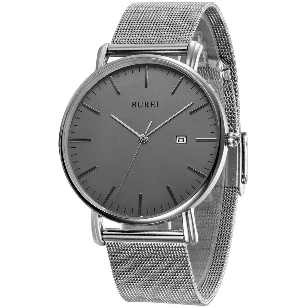 Men's Fashion Minimalist Wrist Watch Analog Blue Date with Silver Stainless Steel Mesh Band