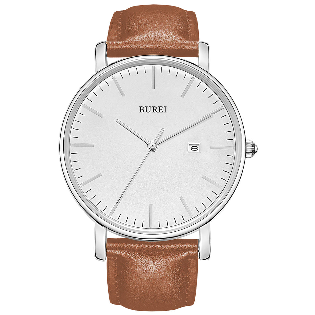 BUREI Men's Fashion Minimalist Wrist Watch Analog White Date with Brown Leather Band