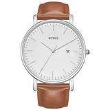 BUREI Men's Fashion Minimalist Wrist Watch Analog White Date with Brown Leather Band