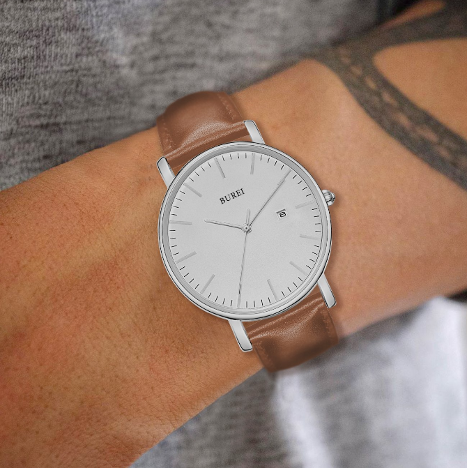 BUREI Men's Fashion Minimalist Wrist Watch Analog White Date with Brown Leather Band