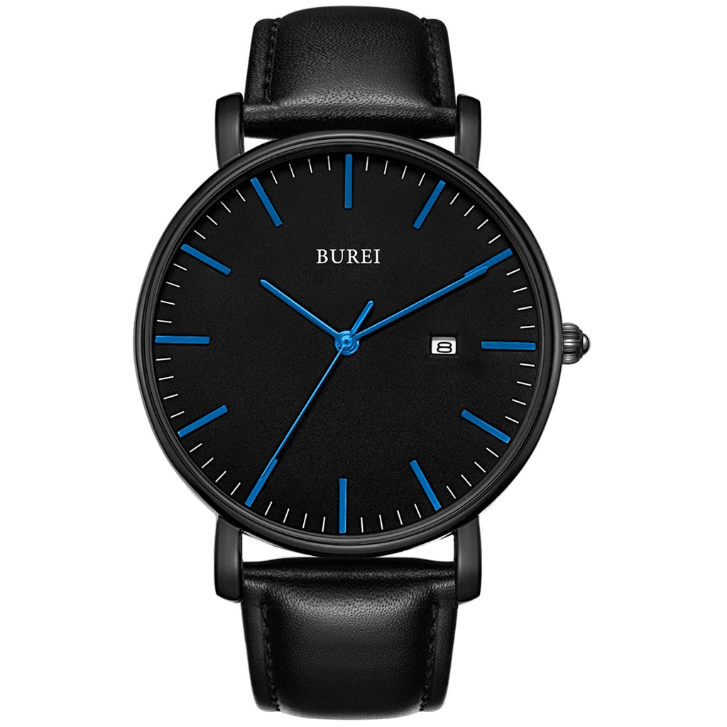 BUREI Men's Fashion Minimalist Wrist Watch Analog White Date with Brown Leather Band