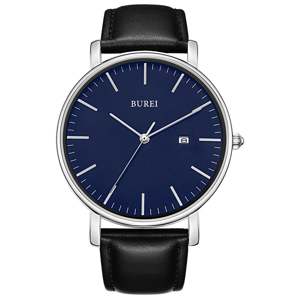 BUREI Men's Fashion Minimalist Wrist Watch Analog White Date with Brown Leather Band