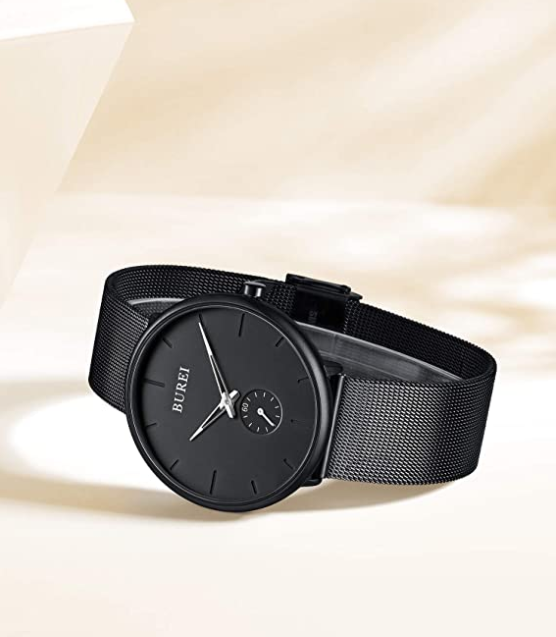 BUREI Men's Fashion Minimalist Wrist Quartz Watches with Stainless Steel Black Dial and Mesh Band