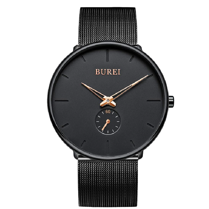 BUREI Men's Fashion Minimalist Wrist Quartz Watches with Stainless Steel Black Dial and Mesh Band