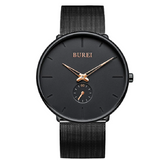 BUREI Men's Fashion Minimalist Wrist Quartz Watches with Stainless Steel Black Dial and Mesh Band