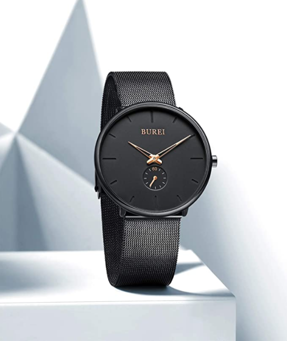 BUREI Men's Fashion Minimalist Wrist Quartz Watches with Stainless Steel Black Dial and Mesh Band