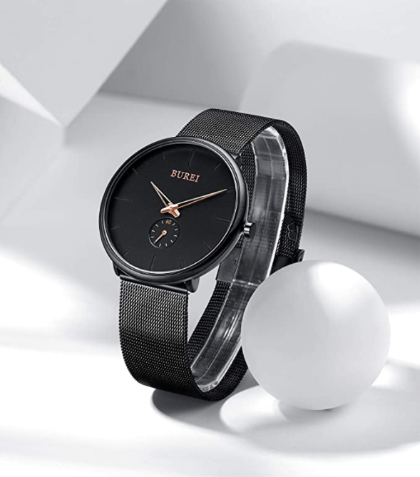 BUREI Men's Fashion Minimalist Wrist Quartz Watches with Stainless Steel Black Dial and Mesh Band