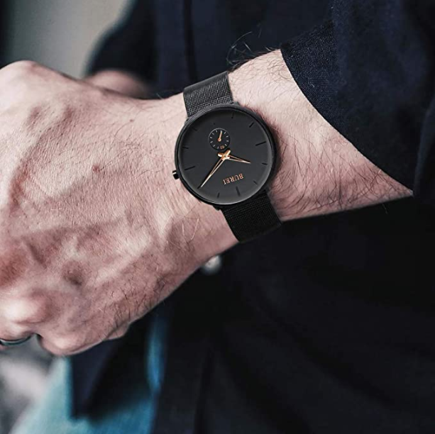 BUREI Men's Fashion Minimalist Wrist Quartz Watches with Stainless Steel Black Dial and Mesh Band