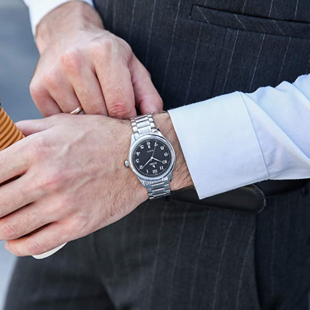 BUREI Men Watches Date Quartz Wrist Watch with Classic Arabic Numbers Analog and Silver Stainless Steel Bracelet