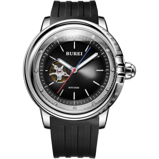BUREI Automatic Dive Watch Sapphire Glass Wrist Watch Men's 500m Waterproof Watch with Rubber Strap，Luminous Hands and Markers