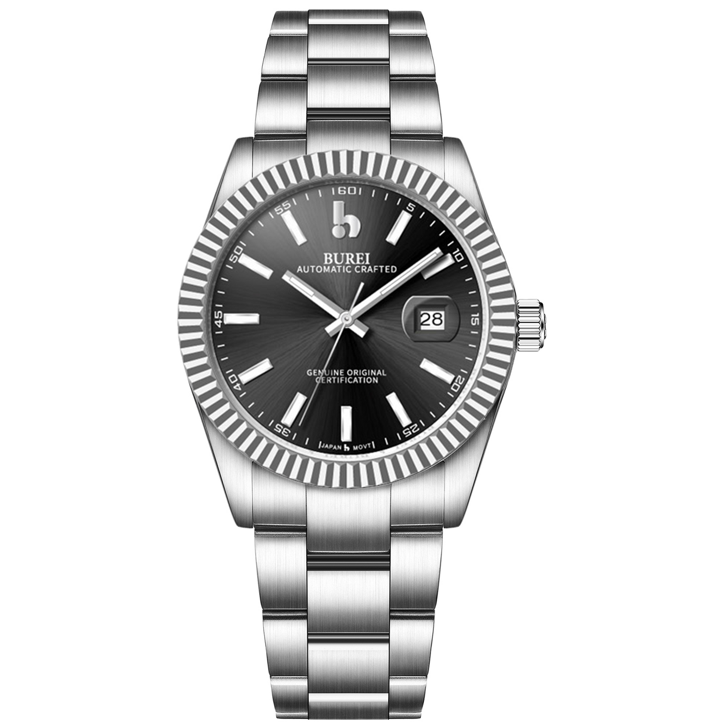BUREI Men's Watch 41mm, Classic Stainless Steel, Waterproof Machine Watch with Date, Sapphire Crystal, Business Dress Wristwatch