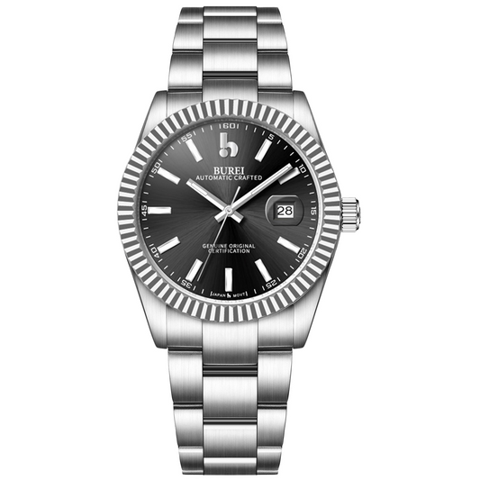 BUREI Men's Watch 41mm, Classic Stainless Steel, Waterproof Machine Watch with Date, Sapphire Crystal, Business Dress Wristwatch