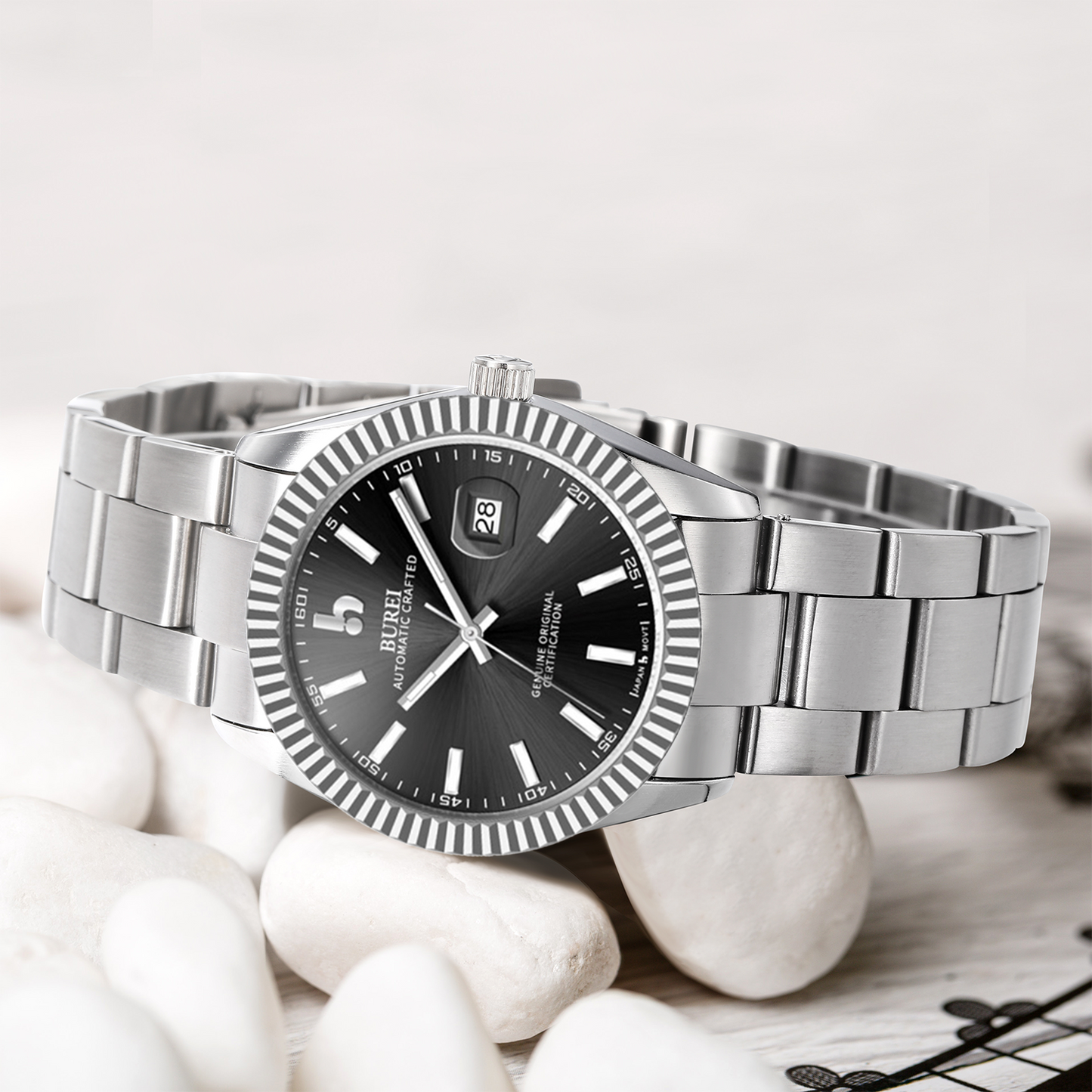 BUREI Men's Watch 41mm, Classic Stainless Steel, Waterproof Machine Watch with Date, Sapphire Crystal, Business Dress Wristwatch