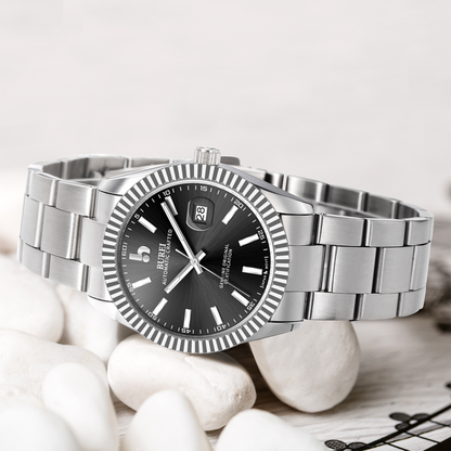 BUREI Men's Watch 41mm, Classic Stainless Steel, Waterproof Machine Watch with Date, Sapphire Crystal, Business Dress Wristwatch
